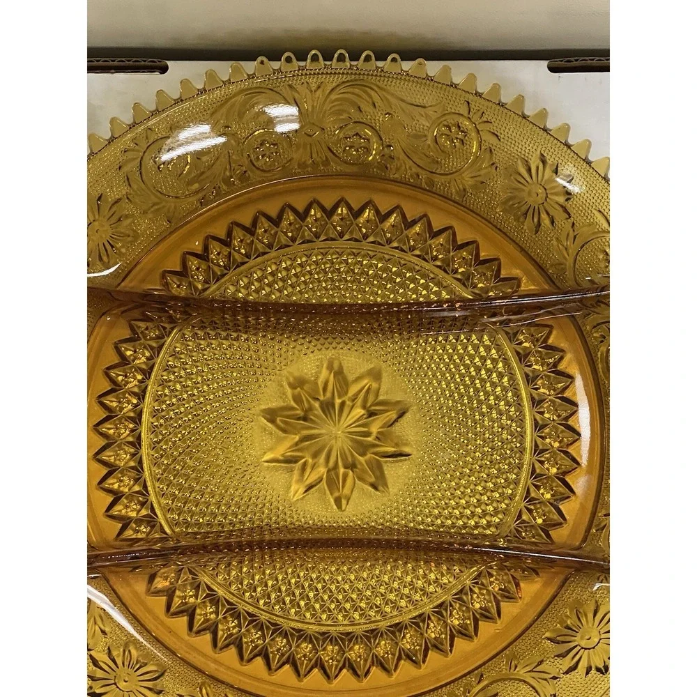 Vtg Tiara Indiana Sandwich Pattern Amber‎ Round Divided Vegetable Platter (897)